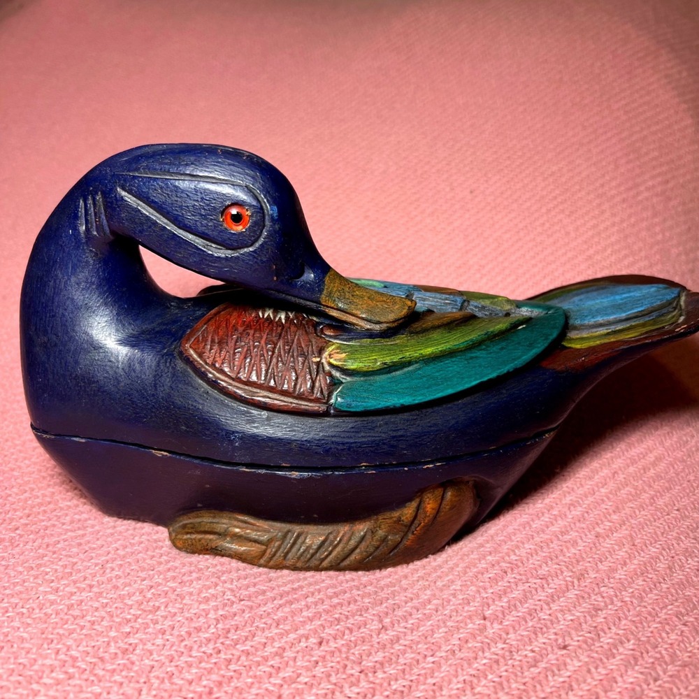 Vintage Hand Carved Wooden Duck Trinket Box Preening Decoy Multi Color 9 Inch